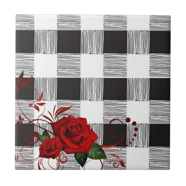 Ceramic Tile White and Black Plaid Red Rose (Front)