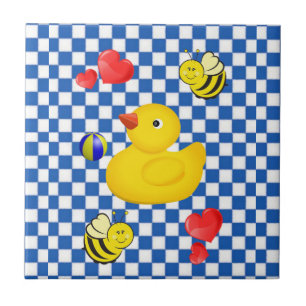 Ceramic Tile White and Blue Checkered Yellow Ducks