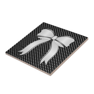 Ceramic Tile White Black Polkadot White Bow