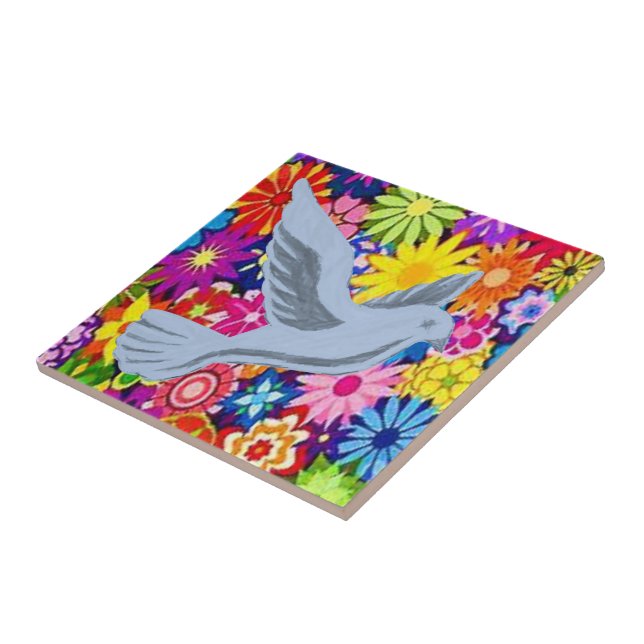 Ceramic Tile White Floral Dove (Side)