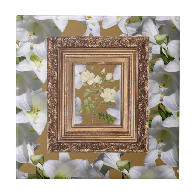Ceramic Tile White Floral Gold (Front)