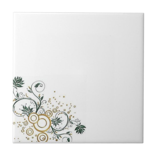 Ceramic Tile White Gold Blue Flowers Floral  (Front)