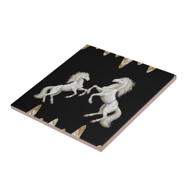 Ceramic Tile White Horses Black Gold (Side)