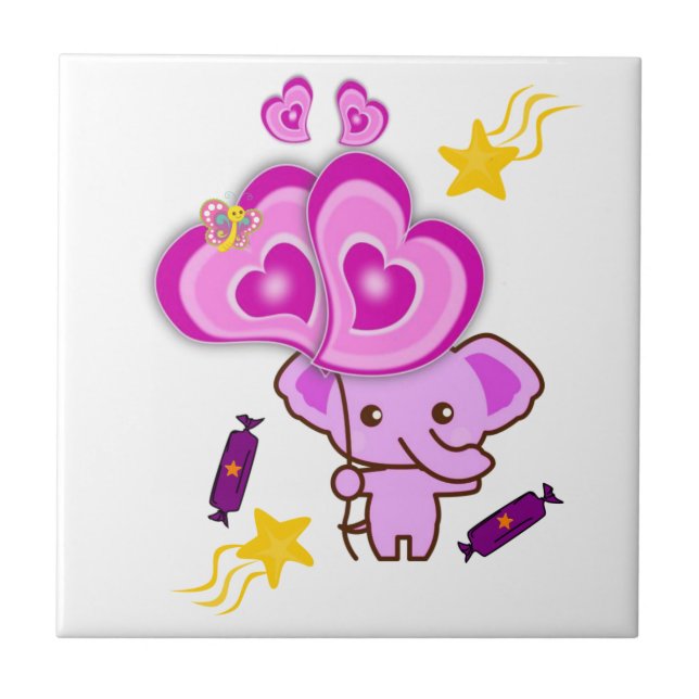 Ceramic Tile White Purple Elephants Hearts (Front)