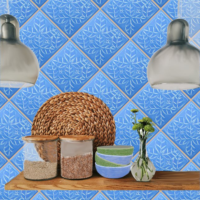 Ceramic tile with blue Stylised Ovate Leaves (Blue ovate leaf tile shown on a kitchen backsplash.)