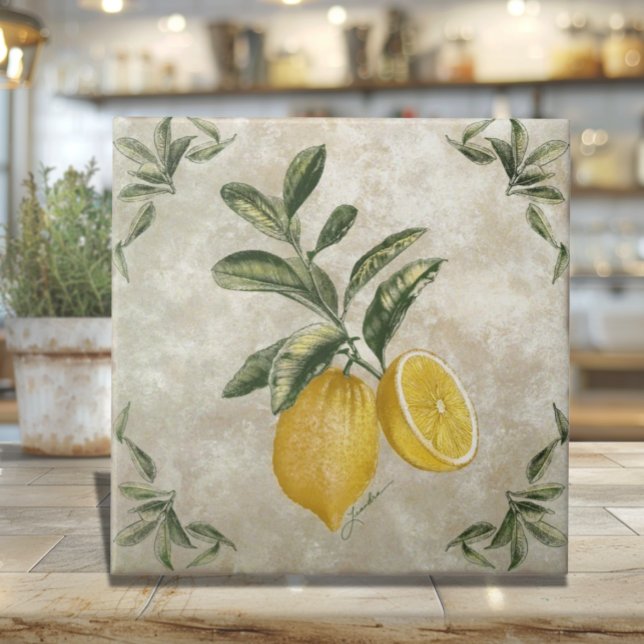 Ceramic Tile with Vintage Lemons (Rustic Vintage Italian Lemons Ceramic Tile)