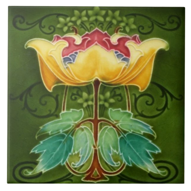 Ceramic Tile - Yellow Floral Art Nouveau  (Front)