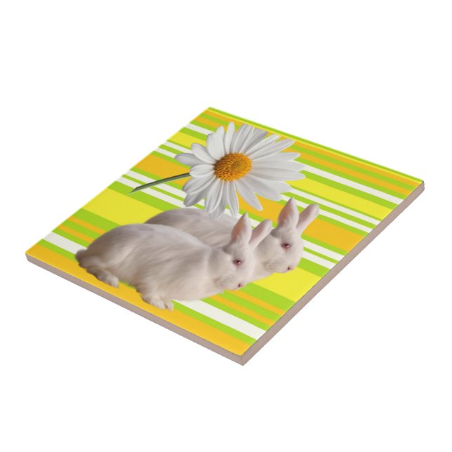 Ceramic Tile Yellow Green Daisy Stripe Rabbits (Side)