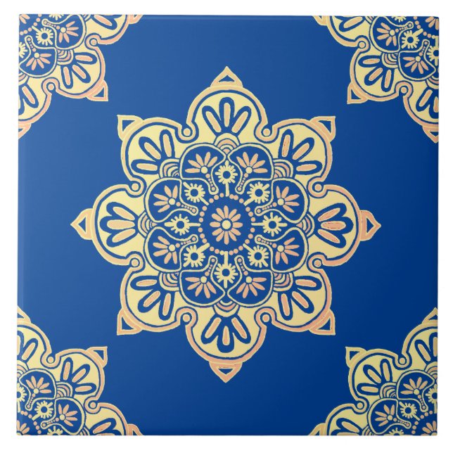Ceramic tile, yellow medallion on deep blue tile (Front)
