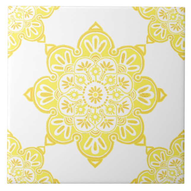 Ceramic tile, yellow medallion on white tile (Front)