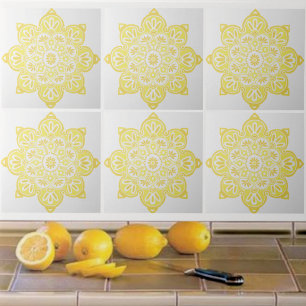 Ceramic tile, yellow medallion on white tile