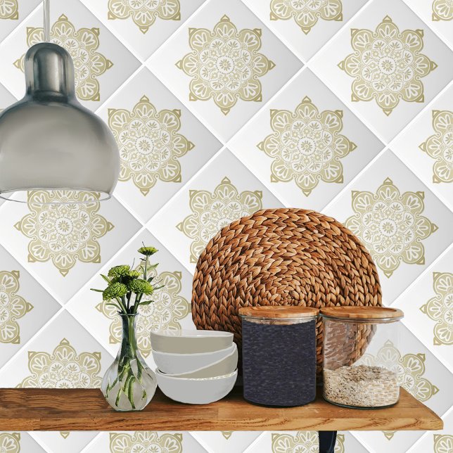 Ceramic tile, yellow medallion on white tile (taupe medallions on white shown on a kitchen)