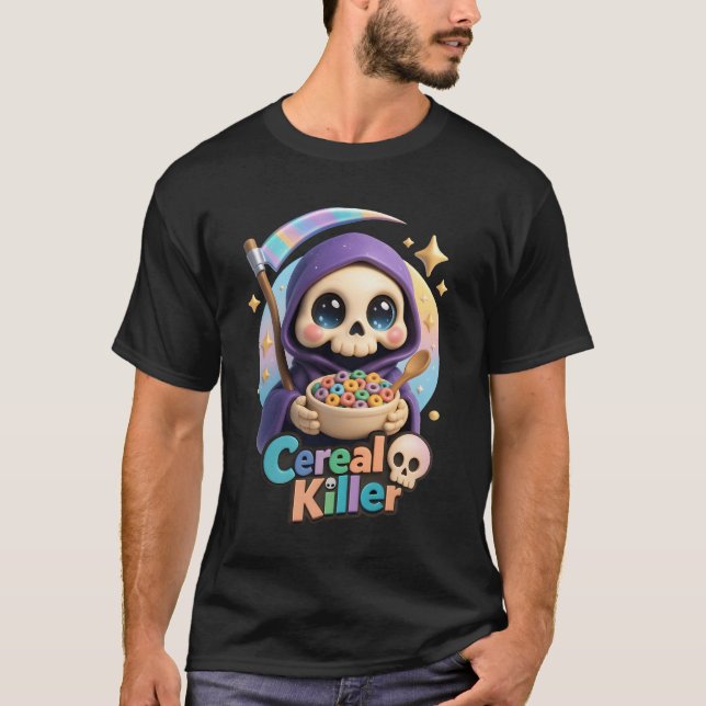 Cereal Killer Grim Reaper Skeleton Eating Colourfu T-Shirt (Front)