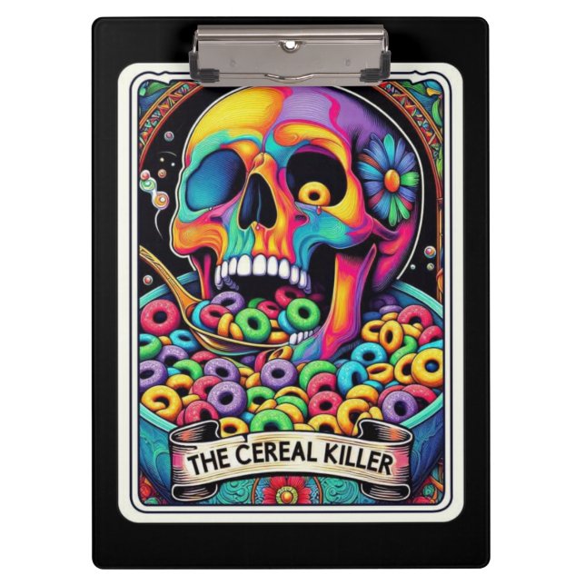 Cereal Killer Tarot – Skull Eating Cereal, Dark Clipboard (Front)