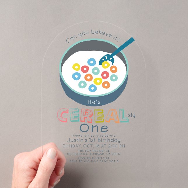 Cereal-sly One Blue Cereal Boy 1st Birthday Acrylic Invitations (Insitu (Handheld))