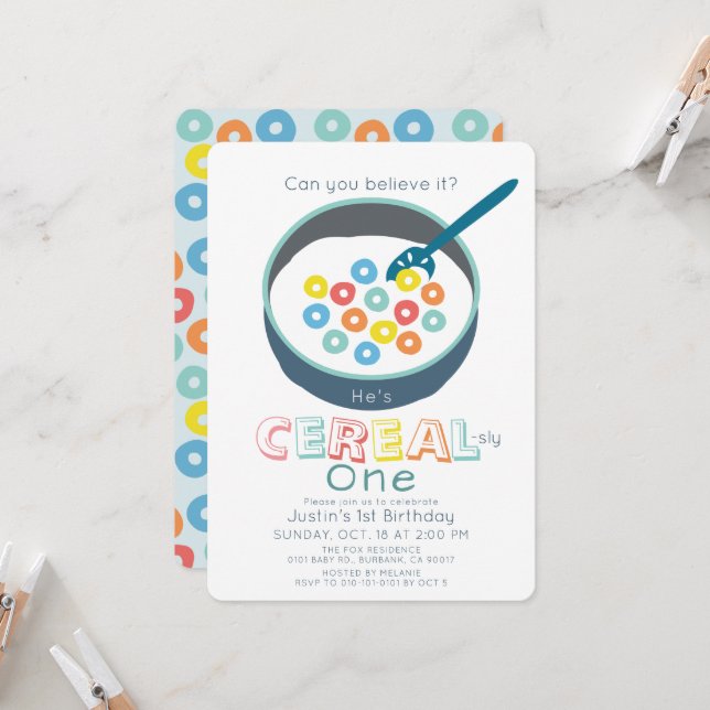 Cereal-sly One Blue Cereal Boy 1st Birthday Invitation (Front/Back In Situ)