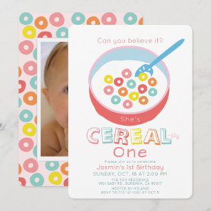 Cereal-sly One Pink Cereal Girl Photo 1st Birthday Invitation