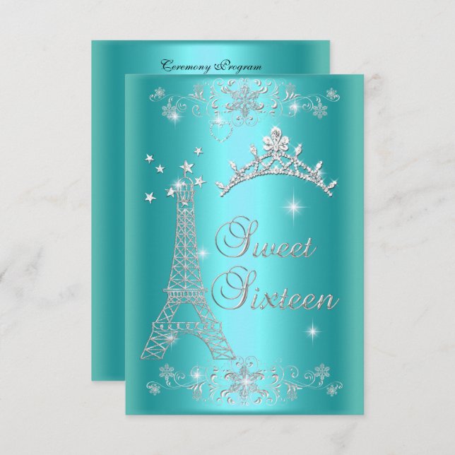 Ceremony and Dinner Menu Sweet 16 Teal Blue Invitation (Front/Back)
