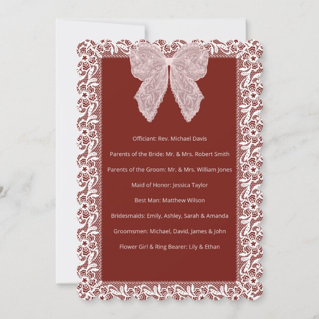 Ceremony Program Elegant Lace Red Card (Front)