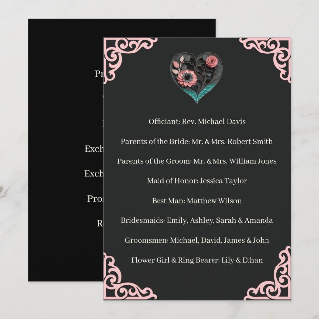 Ceremony Wedding Program Pink Heart Floral  Programme (Front/Back)