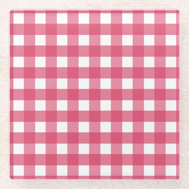 Cerise gingham glass coaster (Front)