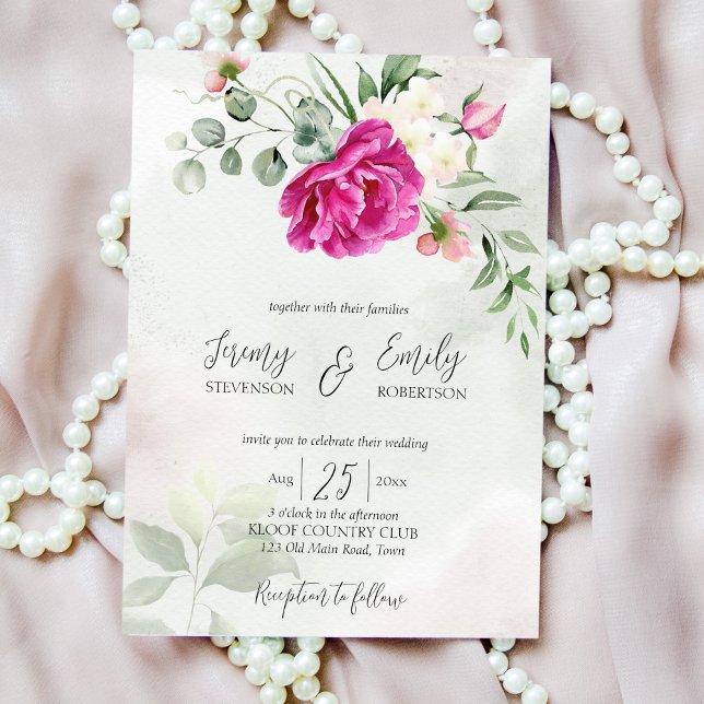 Cerise magenta peony eucalyptus watercolor invitat invitation (Creator Uploaded)
