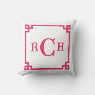 Cerise Pink Greek Key Monogram Design Cushion