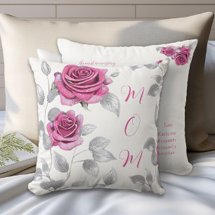 Cerise Pink Rose Silver Leaf Mum's Love Cushion