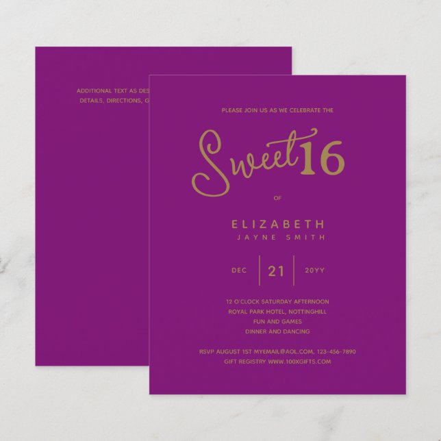 Cerise SWEET 16 Modern Elegant Budget Birthday (Front/Back)