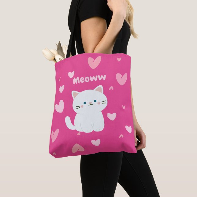 Cerise Tote With white Cat Design and Pink Hearts Bag (Close Up)