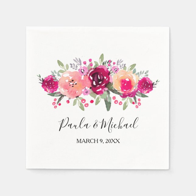 Cerise Watercolor Floral Cocktail Napkin (Front)
