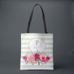 Cerise Watercolor Floral Monogram on Mint Stripes Tote Bag<br><div class="desc">Shades of pale pink,  cerise pink,  fuchsia pink to marsala pink,  this watercolor floral design sits on light spring green and white stripes. MATCHING items in our store.</div>