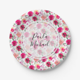 Cerise Watercolor Floral Personalised Paper Plates