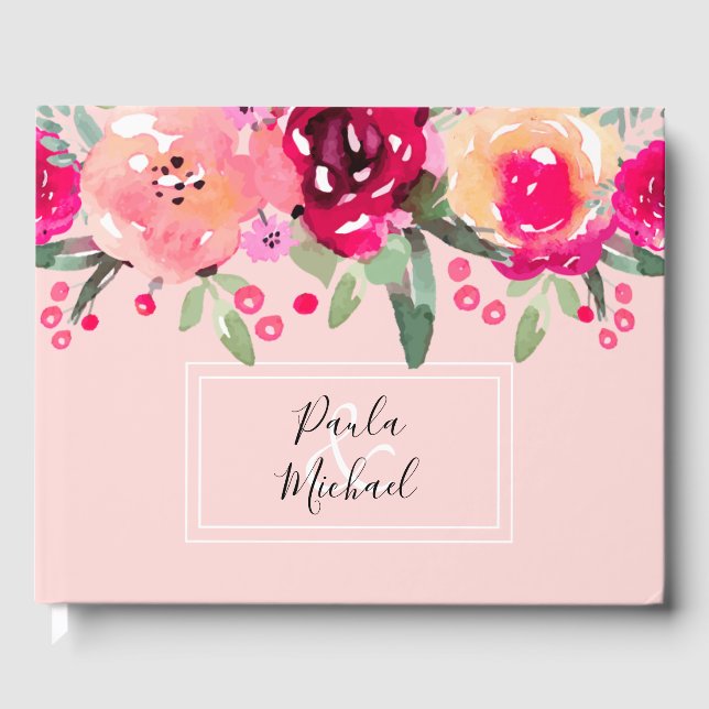 Cerise Watercolor Floral Pink Guest Book (Front)