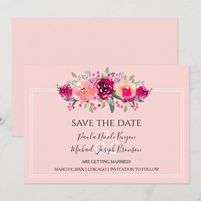 Cerise Watercolor Floral Save the Date Cards (Front/Back)
