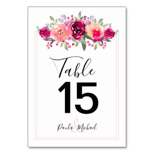 Cerise Watercolor Flowers Pink Table Number