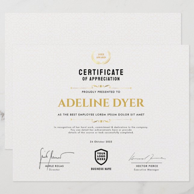 Certificate | Modern Business Logo Award Template (Front/Back)