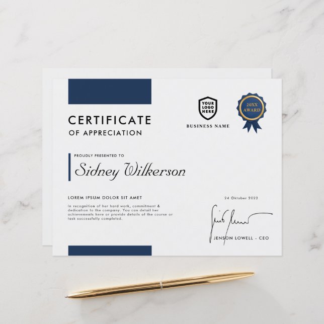 Certificate | Modern Business Logo Award Template (Front/Back In Situ)
