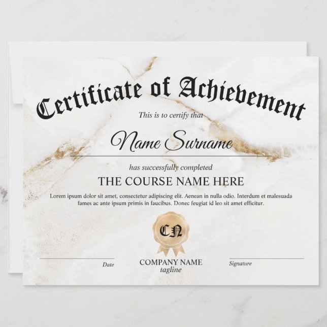 Certificate of Achievement Award Course  (Front)