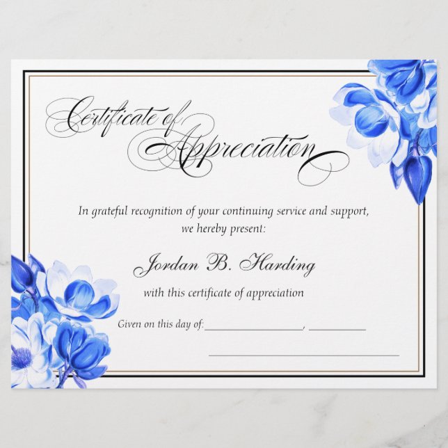 Certificate of Appreciation Award Blue Floral  (Front)