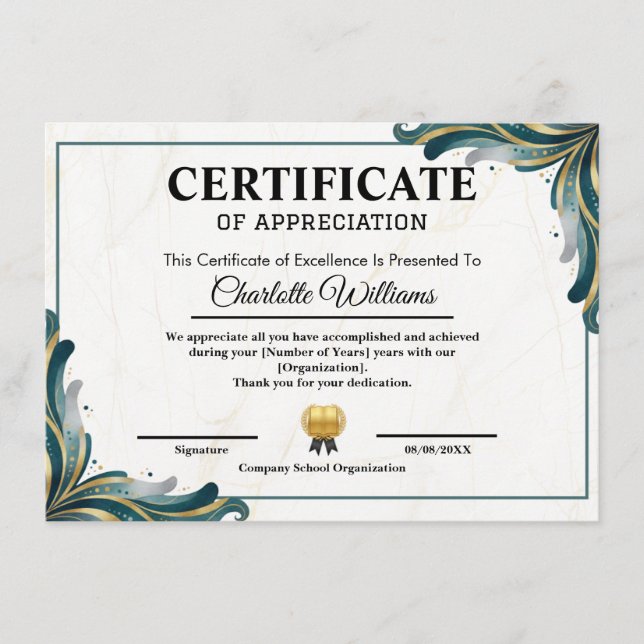 Certificate of Appreciation Editable Award Templat (Front)