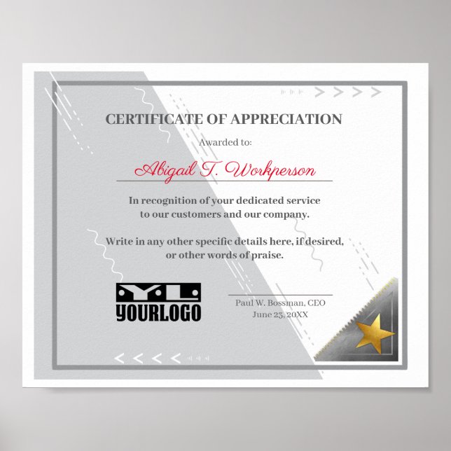 Certificate of appreciation employee display poste poster (Front)