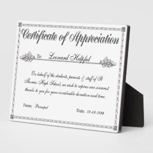 Certificate of Appreciation Personalised Award Plaque