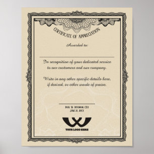 Certificate of appreciation staff employee award poster