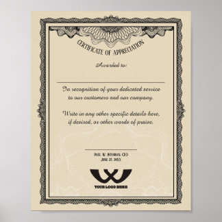 Certificate of appreciation staff employee award poster