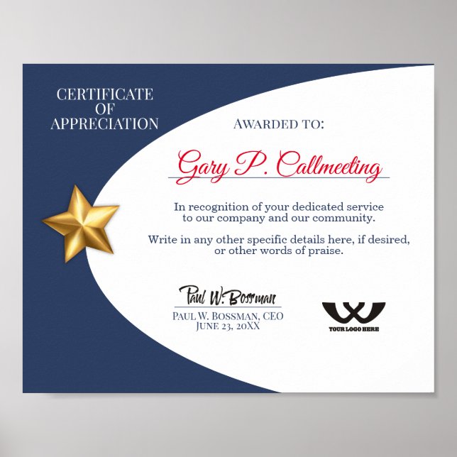 Certificate of appreciation volunteer employee poster (Front)