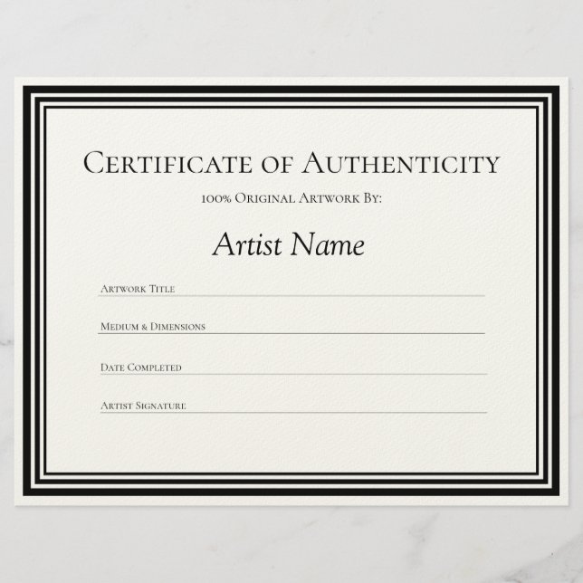 Certificate of Authenticity Art Letter Paper Custom Letterhead (Front)