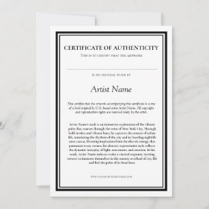 Certificate of Authenticity with Artist Statement Thank You Card
