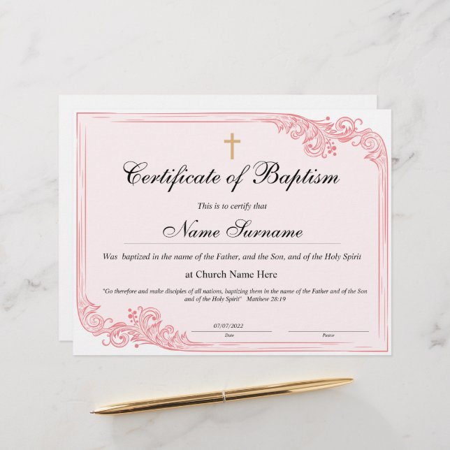 Certificate of Baptism, Baby Dedication (Front/Back In Situ)