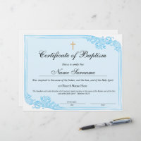 Certificate of Baptism, Baby Dedication